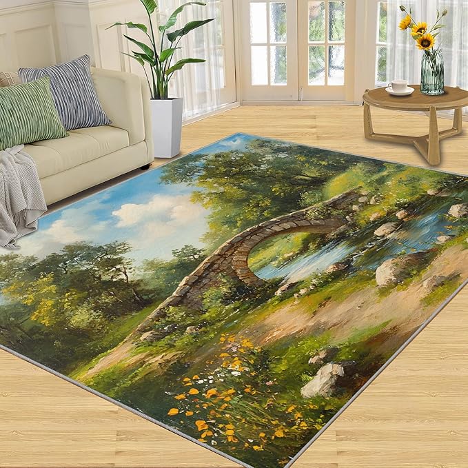 Forest Rugs for Bedroom - 4x5 Area Rug - Stone Bridge Stream Rugs for Living Room, Retro Country Style Rug, Non-Slip Washable Home Decor Carpet