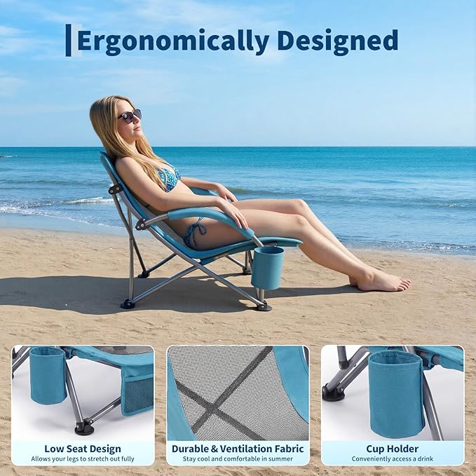 Garvee Low Beach Chair 2 Pack, Folding Portable Beach Chairs for Adults, Lightweight Extra Wide Seat Chair with Cup Holder, Storage Pocket & Carry Bag for Camping, Beach, Travel - 2PC