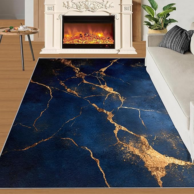 4x5 Abstract Marble Indoor Outdoor Rug - Dark-Blue-Marble Bedside Rug, Luxury Stone Pattern Washable Entry Way Rugs Kids Carpet for Inside House Playroom Living Room End Table Nursery
