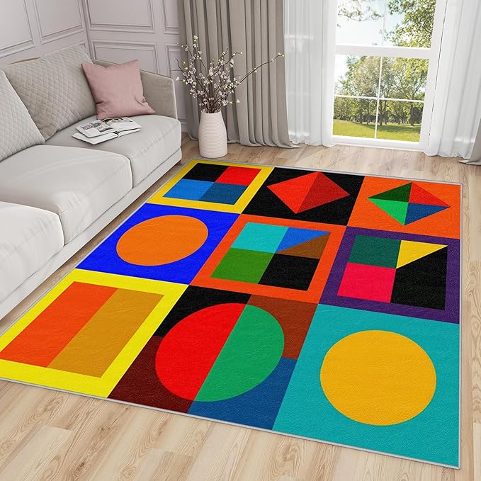 6x8 Rug Non Silp - Geometric Rugs for Living Room, Colorful Abstract Modern Funky Low Pile Machine Washable Area Rugs for Bedroom, Geometric Carpet House Decor & Gifts