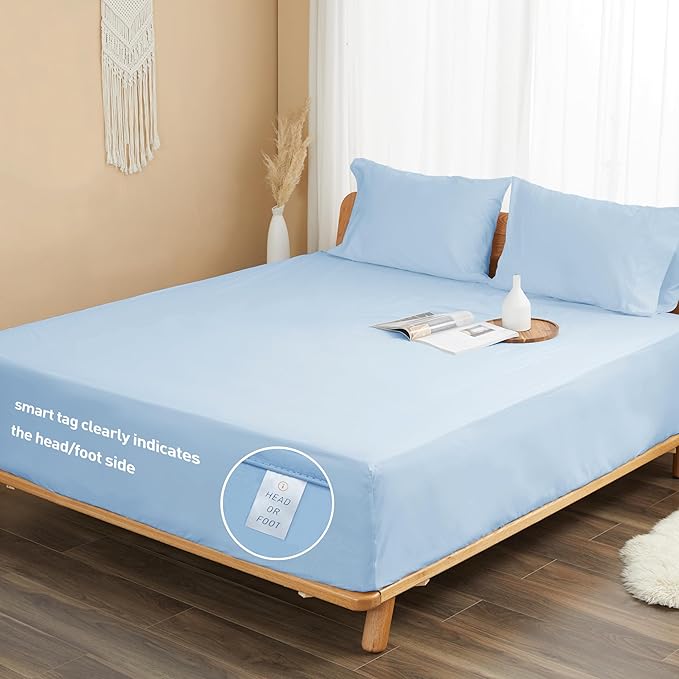Sunflower Full Fitted Sheet, 1-Piece Deep Pocket Fitted Bottom Sheet 16", 100% Cotton Sateen Soft Breathable, Powder Blue
