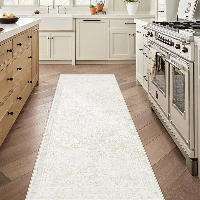 Runner Rug 2x6 Entryway Rug - Machine Washable Vintage Boho Area Rug Non-Slip Kitchen Runner Soft Stain Resistant Floral Runners for Hallways Entryway Laundry Bathroom Bedroom(Cream Beige, 2'x6')