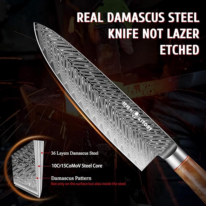 Kitory Damascus Chef Knife, 8" Ultra Sharp Kitchen knife - High Carbon 73-Layer 10Cr15CoMoV Stainless Steel - with White Shadow Wood Handle, for Kitchen and Restaurant, 2025 Gift