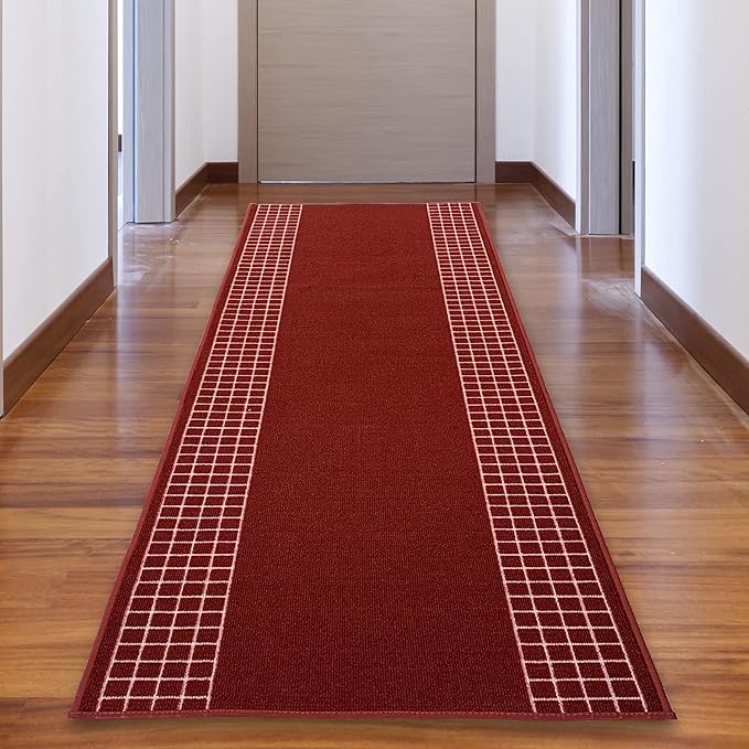 Custom Made Runner Rug for Kitchen Foyer Hallway Entry Choose Your Length 31 Inch Wide Geometric Checkered Design Red Color (40 feet x 31 Inch)