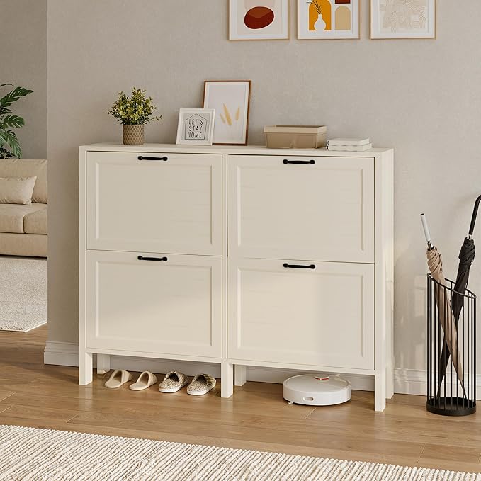 LOUVIXA Shoe Cabinet with 4 Flip Drawers, Narrow Shoe Storage Cabinet, Freestanding Shoe Cabinet Organizer, Hidden Shoe Rack Cabinet for Entryway, Hallway (4-Drawers, Off White/4-drawers)