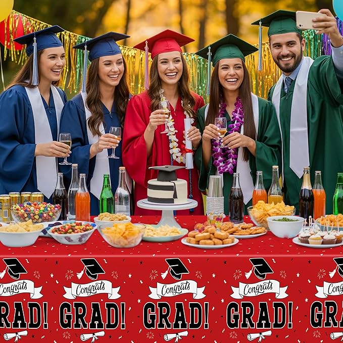 2 PCS Graduation Tablecloth, 108" X 54" Red Graduation Table Decorations 2026, Disposable Plastic Tablecover for Grad Decor Party Supplies, Rectangle Table Cloths for Class 2026 Congrats Grad for kids