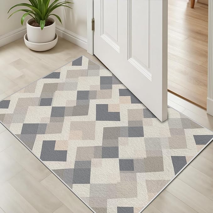 Modern Area Rug Living Room Rugs 8x10, Minimalist Soft Boho Geometric Rug, Non-Slip Washable Low Pile Non Shedding Carpet for Bedroom Office Dining Room Kitchen Nursery, Gray Beige White