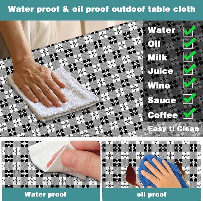 Picnic Table Cover with Bench Covers and Bag, Camping Essentials, Buffalo Plaid Waterproof and Windproof, Fitted Tablecloth Cover with Elastic Edge, for Outdoor, 3 PCS, (Black & White, 30"x60")