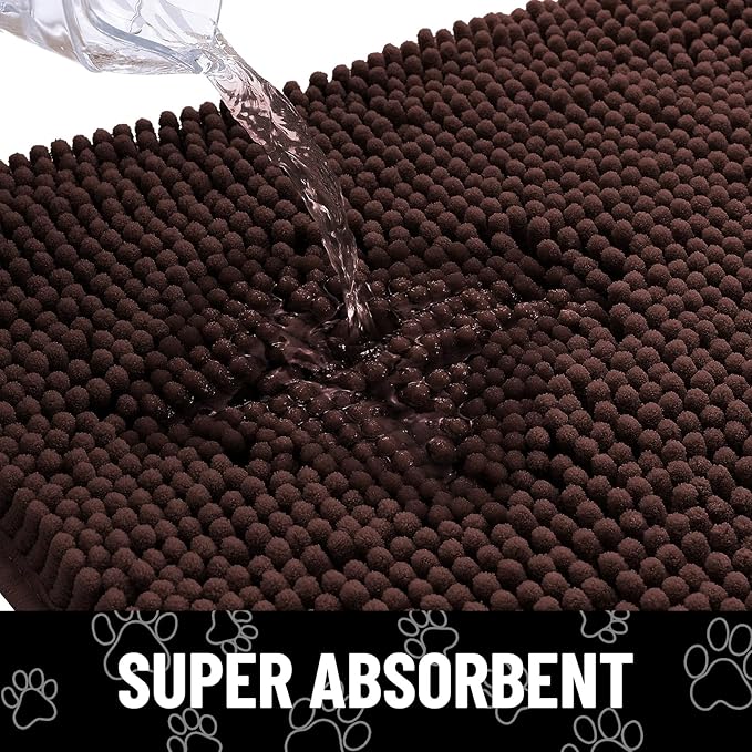 Smiry Dog Door Mat for Muddy Paws, Absorbent Dirt Trapper Non Slip Quick Dry Washable Chenille Mat for Mud Dogs, Entry Rug for Indoor and Outdoor (40x32 Inches, Brown and White)