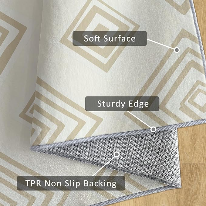 Washable 4x5 Modern Geometric Rug Living Room, Beige Abstract Diamond Design Area Rugs for Bedroom, Modern Geometric Home Decor Carpet, Low Pile, Non Slip, Kids & Pet Friendly (N4177)