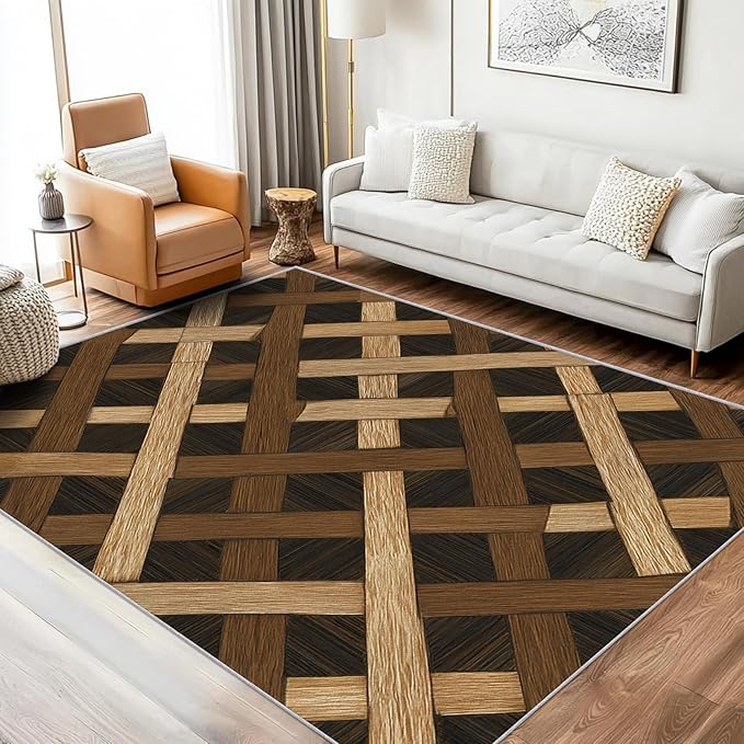 Checkered Rug, Washable 5x7 Rug for Living Room, Wood Grain Patterned Indoor Carpet, Checkered Geometric Decor for Home, Bedroom, Soft Non Slip Thin Design FER28