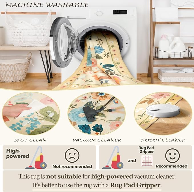 Floral 6x9 Area Rug Machine Washable Soft Print Boho Carpet Non Slip Doormat Low Pile Flower Area Rugs for Living Room Bedroom Nursery Kitchen Dining Room Indoor-Ivory/Yellow