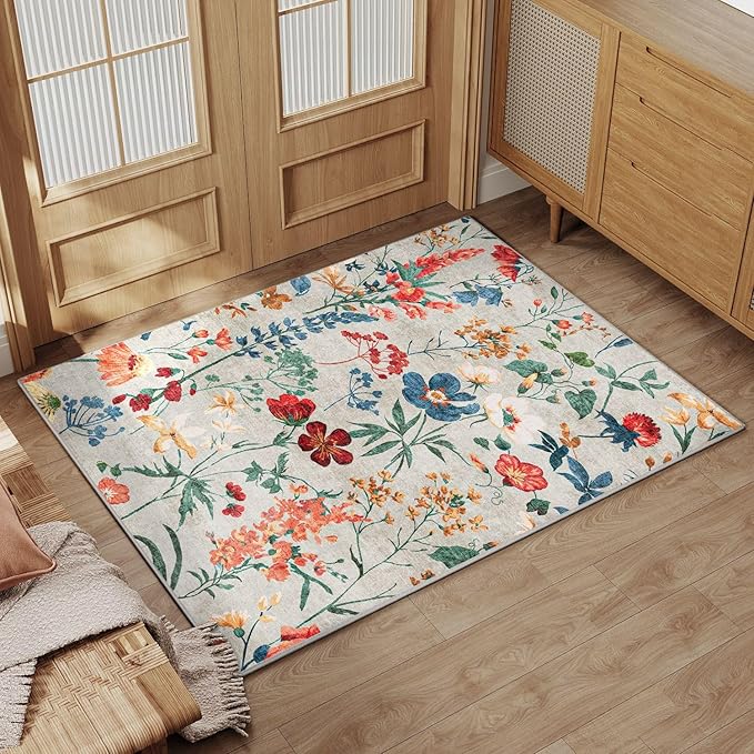 Beige Area Rug 2x3 Entryway Floral Boho Door Mat Indoor Washable Kitchen Carpet Non Slip Bedroom Lightweight Low Pile Accent Rug for Bathroom Living Room Office Dining Room