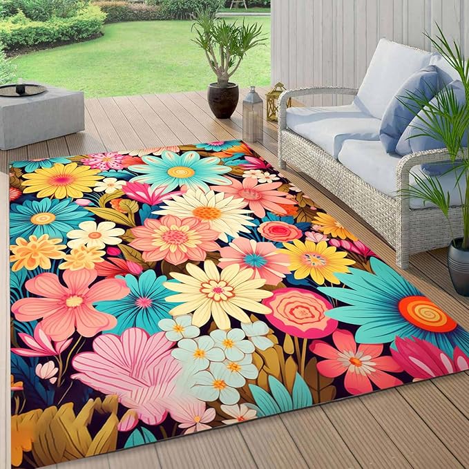 Large Floral Outdoor Rug for Patio Balcony Deck Camping Poolside Garden Machine Washable Waterproof Porch Backyard Outside Carpet 8x10 Blue Yellow Pink Flower Mat Easy Clean