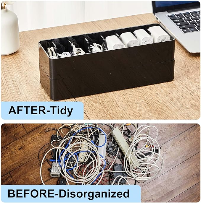 Tatuo 4 Pcs Cable Organizer Box with Wire Ties, Plastic Cord Storage Box with Lid, Electronics Organizer for Home Office Desk Organizers and Accessories (Black)