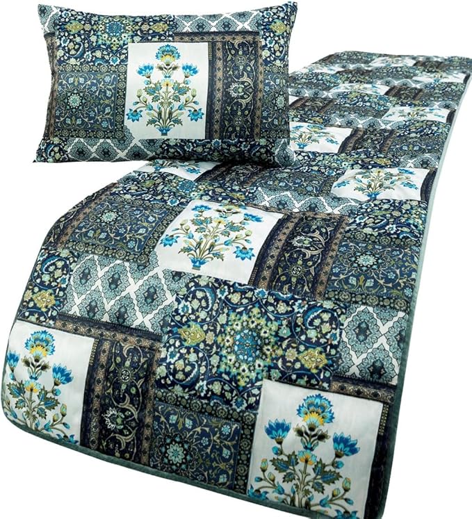 The HomeCentric King/Queen/Twin Blue Designer Full 68"x18" Bed Runner with 2 Pillow Cover, Perrsian Pattern & Quilted Bed Scarf on Satin Fabric - Bahar