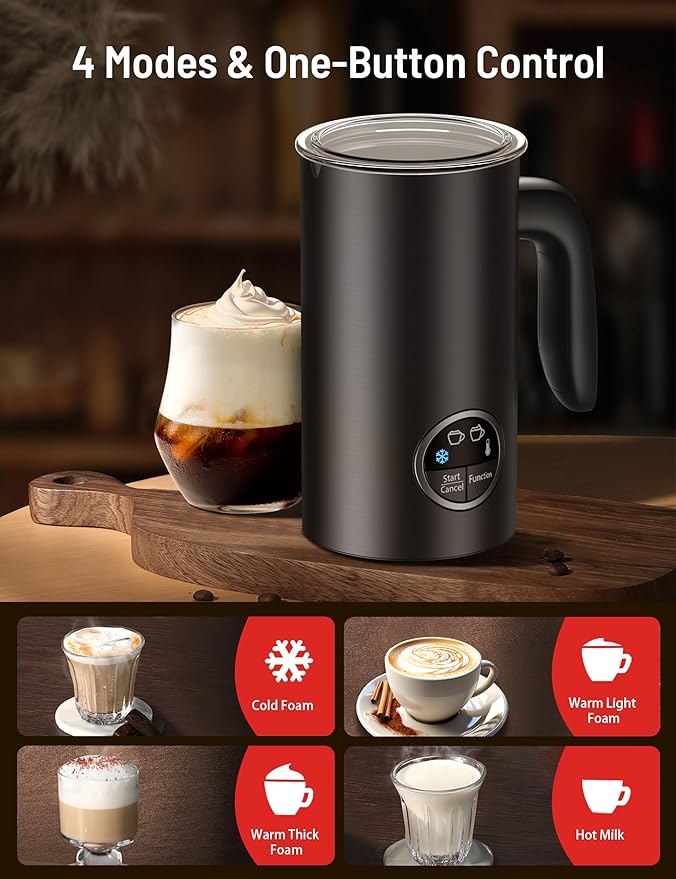 Milk Frother, Airyoyo 4-in-1 Milk Frother with Stand, Electric Milk Frother and Steamer Hot& Cold Foam Temperature Control, Auto Shut-Off Frother for Coffee Latte