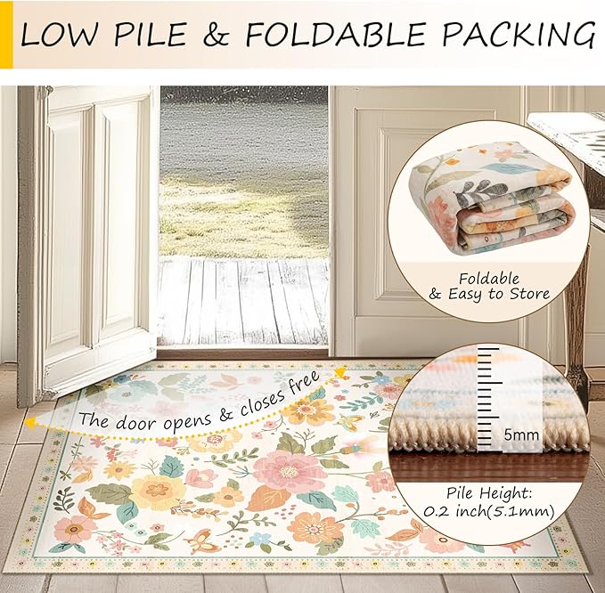 Floral 6x9 Area Rug Machine Washable Soft Print Boho Carpet Non Slip Doormat Low Pile Flower Area Rugs for Living Room Bedroom Nursery Kitchen Dining Room Indoor-Beige/White/Orange