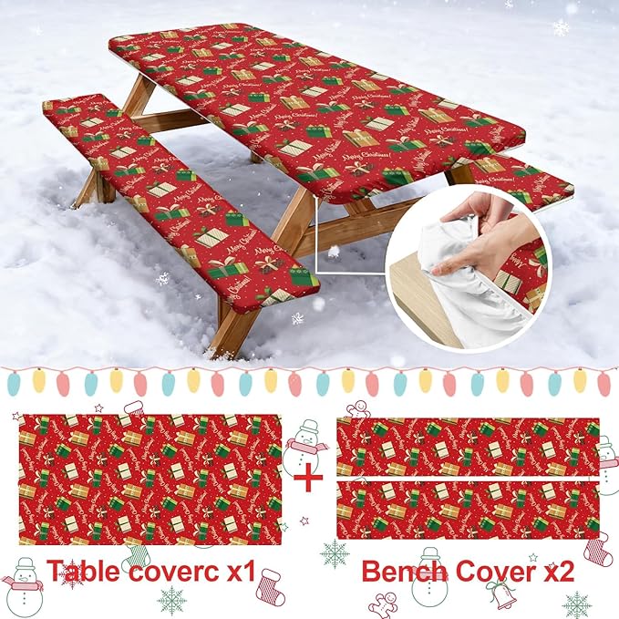 Picnic Table Cover with Bench Covers Set of 3, Elastic Fitted Tablecloth for 6 Foot Tables, Washable Polyester Tablecloths for Camping, Indoor & Outdoor