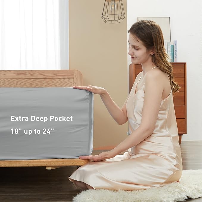 Sunflower California King Fitted Sheet, 1-Piece Extra Deep Pocket Fitted Bottom Sheet 22", 100% Cotton Sateen Soft Breathable, Silver Gray