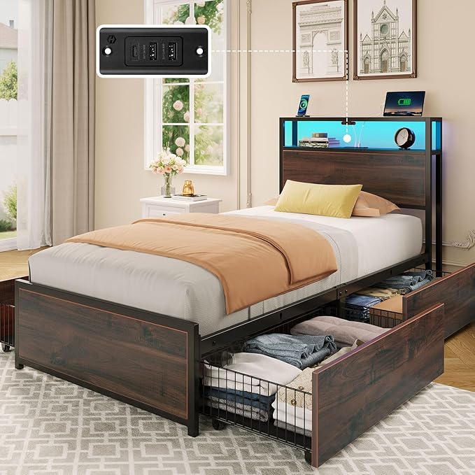 Rolanstar Twin Bed Frame with 4 Storage Drawers & 2-Tier Storage Headboard