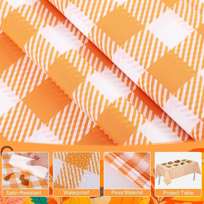 NatNarr 12 Pack Orange Gingham Tablecloth, 54 X 108Inch Plastic Orange Checkered Table Cloth Disposable Scalloped Tablecloths Waterproof Plaid Table Cover for Picnic Wedding Birthday Outdoors Party