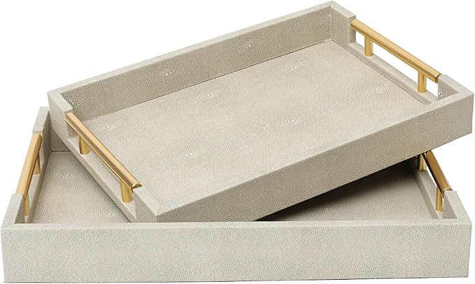 SwallowLiving Set of 2 Shagreen Serving Tray with Gold Polished Metal Handles Ivory Wood Decorative Tray PU Leather with Brushed Gold for Coffee Table Ottoman Console Table
