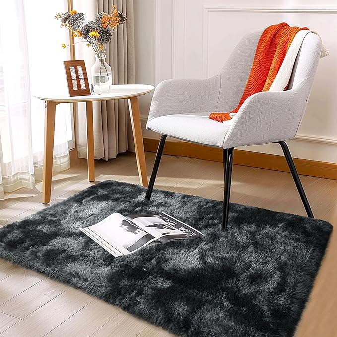 Height Pile 1.4" Plush Rug Shaggy Soft Fluffy Rug Non-Slip Indoor Floor Carpet for Living Room Plush Carpet for Living Room Tie-Dyed Black Grey 2x3 Feet