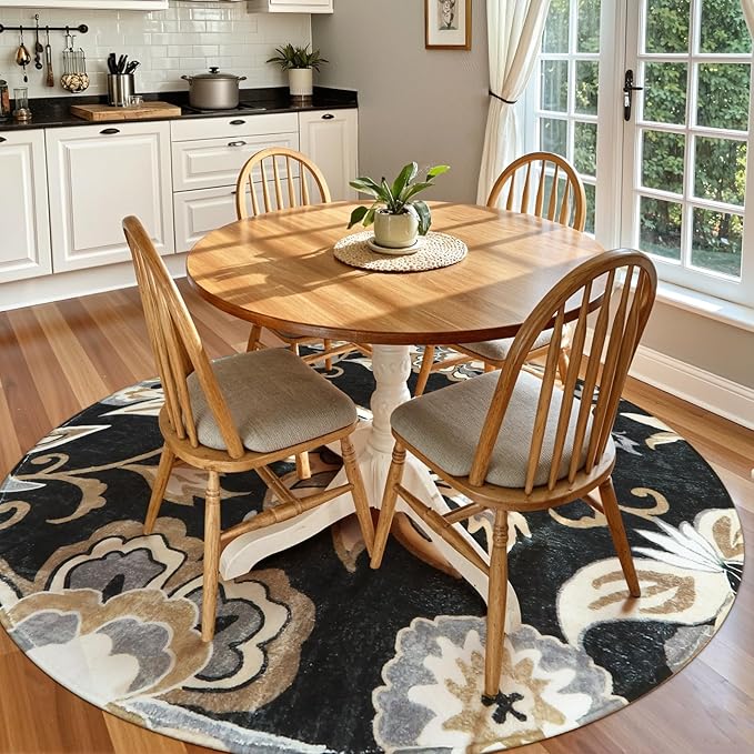 Lahome Floral Black Round Rug - 4Ft Washable Non-Slip Small Round Area Rug Throw Soft Stain Resistant Sofa Living Room Rugs, Paisley Print Accent Distressed Round Carpet for Bedroom Entryway Kitchen