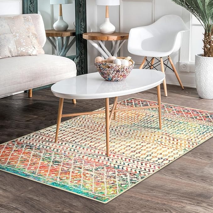 Moroccan 3x5 Rug,Ultra Soft Area Rugs for Living Room Non-Slip, Low-Pile Retro Distressed Colorful Nursery Rug for Kitchen Entryway Bedroom Living Room Office Carpet