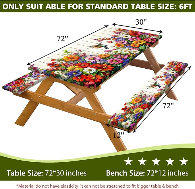 Floral Picnic Table Cover with Bench Covers, Camping Bird Flower Wooden Spring Essentials Waterproof Windproof Camping Tablecloth with Drawstring Bag, Fitted Rectangle Tables and Seats, 72in