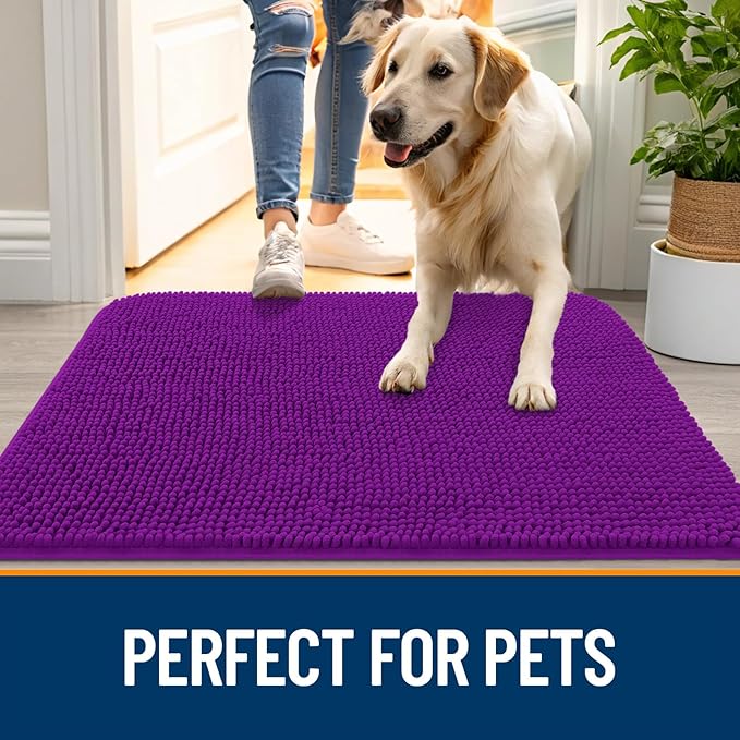 OLANLY Dog Door Mat for Muddy Paws 30x20, Absorbs Moisture and Dirt, Absorbent Non-Slip Washable Doormat, Quick Dry Chenille Mud Mat for Dogs, Entry Indoor Entryway Carpet for Inside Floor, Purple