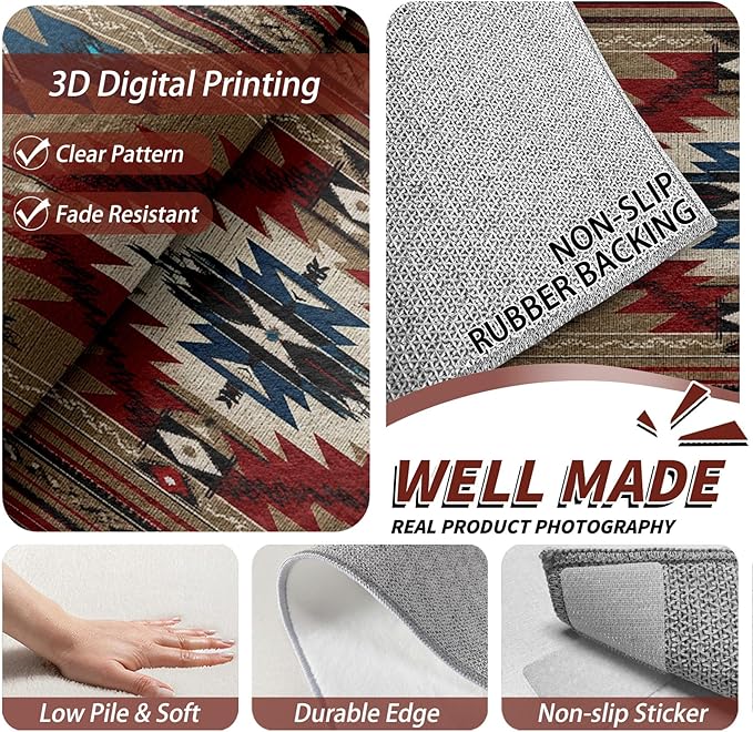 5x7 Rug Washable - Navajo Rugs for Living Room, Southwestern Tribal Ethnic Rustic Cabin Non Slip Low Pile Area Rugs for Bedroom, Navajo Carpet Home Decor & Gifts