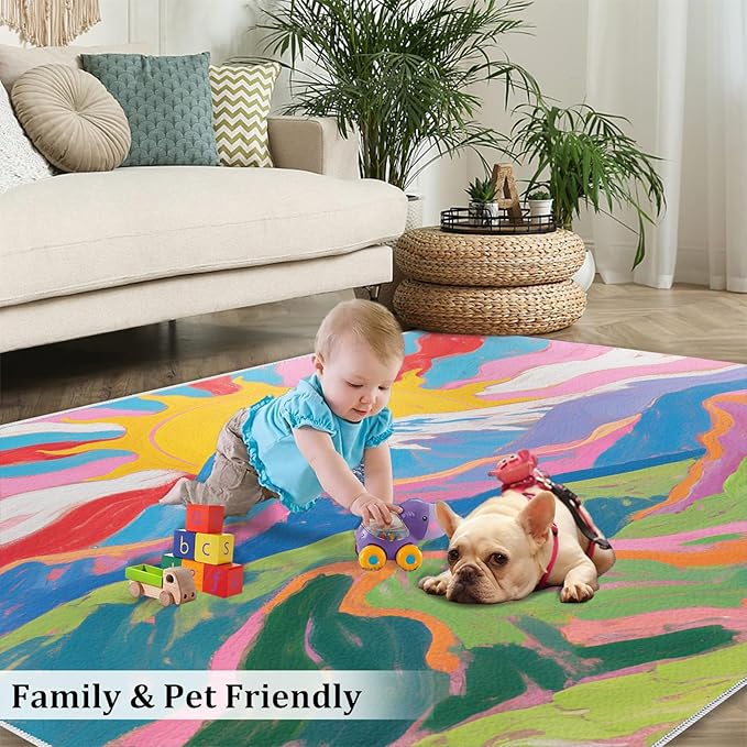 Boho Sun Area Rugs 6x9ft, Watercolor Mountain Fluffie Rugs for Living Room, Abstraction Deco Nursery Rug with Under Rug Non Slip Tape for Bedroom Kids Room