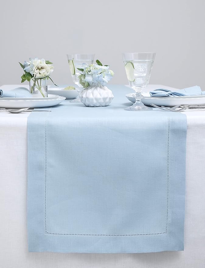 Solino Home Linen Sky Blue Table Runner 72 Inches Long - 100% Pure Linen Hemstitch Table Runner 14 x 72 Inch for Dresser, Dining, Holiday, Christmas, New Year - Classic Hemstitch