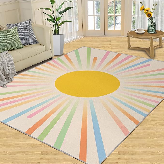 Boho Sun Area Rugs 4x6ft, Minimalist Sunburst Carpet for Bedroom, Abstraction Deco Rug for Living Room Easy to Clean for Indoor Outdoor Hardwood Floors Home Decor