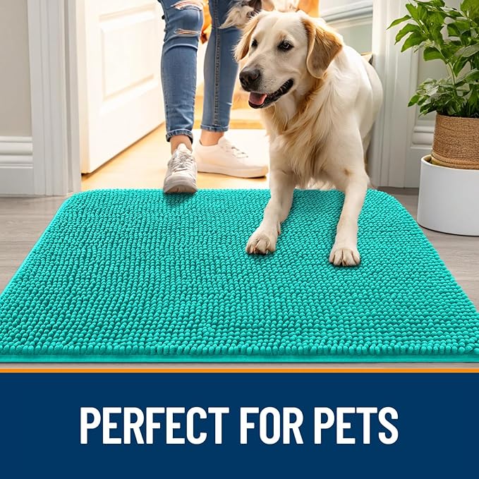 OLANLY Dog Door Mat for Muddy Paws 40x32, Absorbs Moisture and Dirt, Absorbent Non-Slip Washable Doormat, Quick Dry Chenille Mud Mat for Dogs, Entry Indoor Entryway Carpet for Inside Floor, Teal
