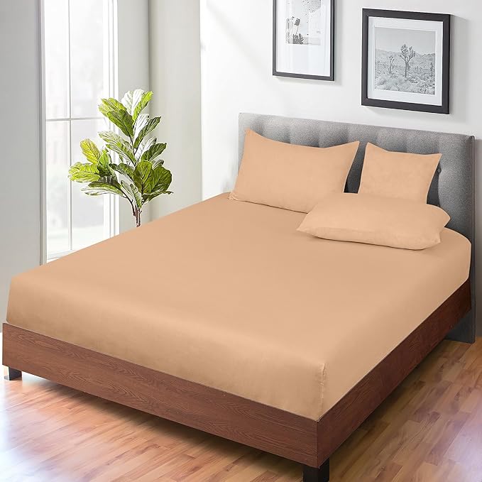 ROYALE LINENS 300 Thread Count 100% Long Staple Combed Cotton Fitted Sheet Twin XL - Super Soft Deep Pocket Bottom Sheet - Fitted Sheets Only - Elastic Sheets (Twin XL, Sand)