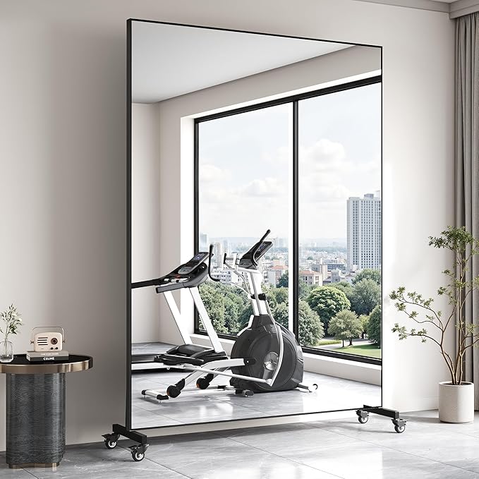 Suidia 82"x44" Extra Large Full Length Mirror on Wheels, 360° Swivel Rolling Mirror Floor, HD Tempered Glass Full Body Standing Mirrors for Home Gym, Yoga, Dance Studio, Bedroom, Rectangular, Black