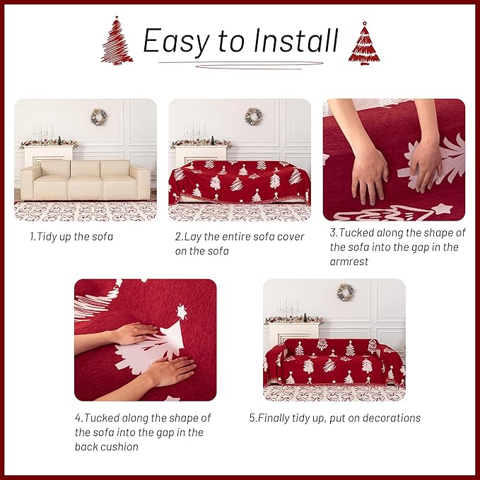 MYSKY HOME 71X102 inches Chair Christmas Couch Cover, Sectional Sofa Covers Sofa Slipcover for 1 Cushion Couch, L Shape Couch Covers for Dogs, Kids, Washable Sofa Blanket, Furniture Protector, Red