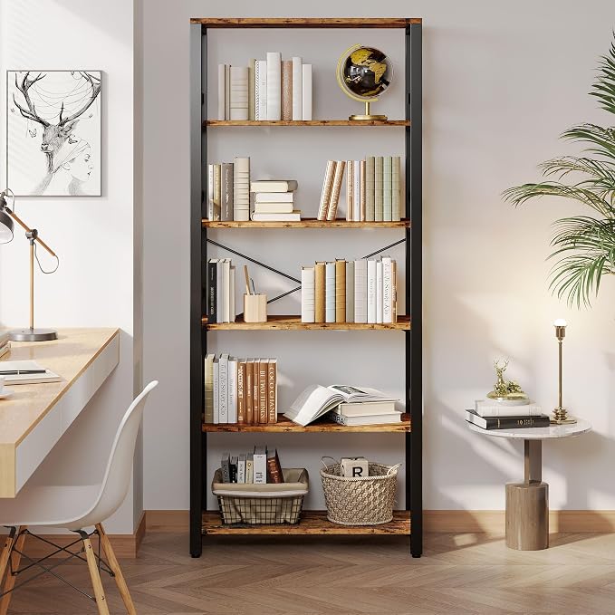 IRONCK Bookshelf, 31.5in Wide Shelf 6 Tier Bookcase, 110lbs/shelf Vintage