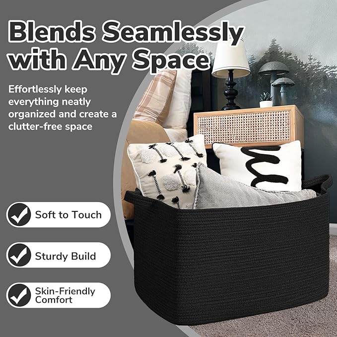Goodpick Large Blanket Basket Living Room, 21.6" x 14.9" x 11.8" Woven Storage Basket for Blankets, Toys, Rectangle Rope Dirty Clothes Baskets for Nursery, Bedroom, Black