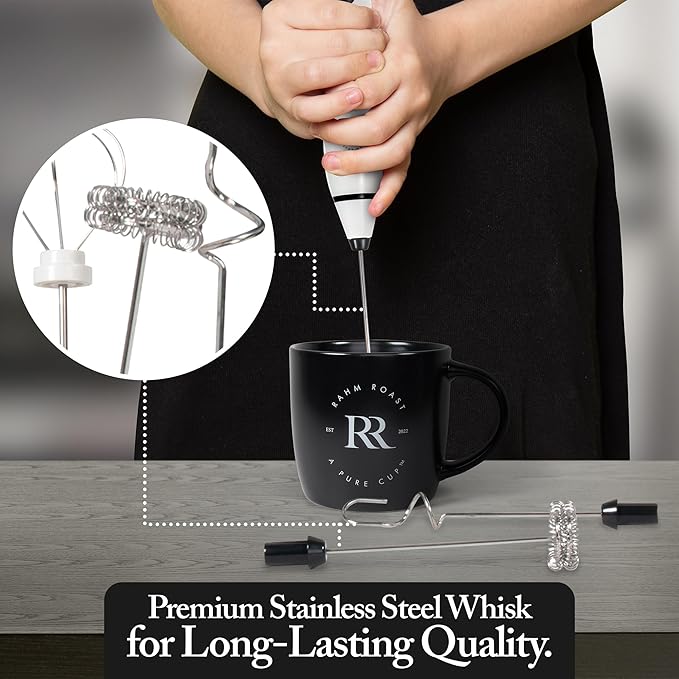 RAHM ROAST Frother Handheld - Powerful Coffee Frother Wand Rechargeable, Ultra Fast Milk Frother Handheld, Electric Whisk Drink Mixer with Stainless Steel for Coffee, Lattes, Matcha | White