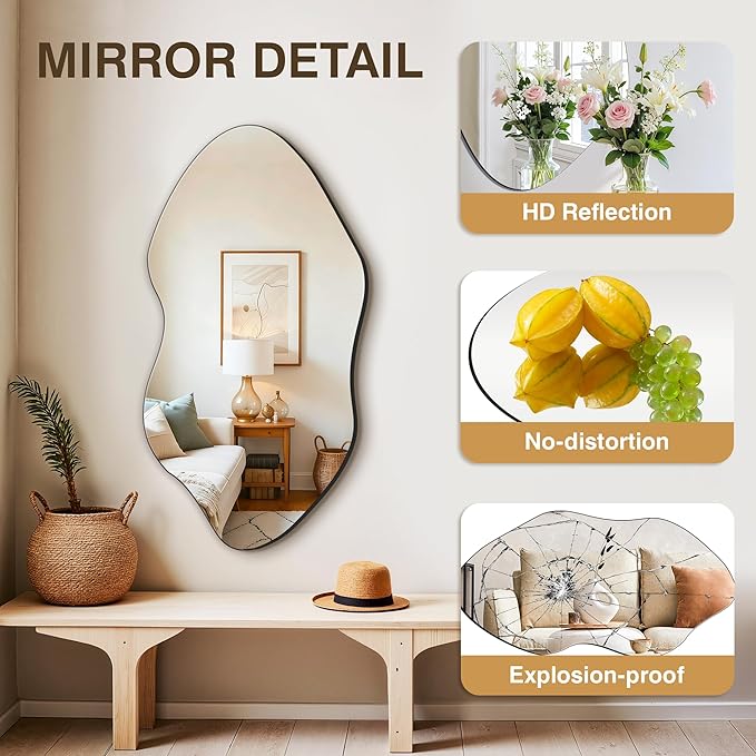 FICTOR Irregular Asymmetrical Wall Mirror, 36" x 19" Modern Decorative Mirror for Entryway, Bathroom, Bedroom, Living Room, Dining Room