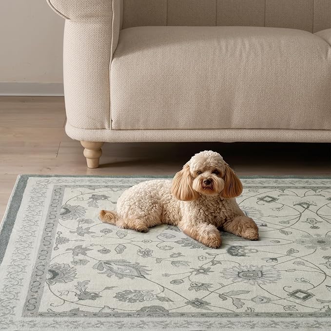 EVERGRACE Area Rugs for Living Room 9x12, Boho Floral Faux Wool Indoor Outdoor Rugs, Washable Rugs for Bedroom Dining Room Entryway Kitchen, Low Pile Floor Mat Carpet for Home Decor, Cool Gray