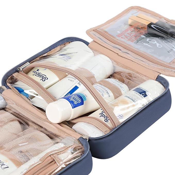 NISHEL Travel Toiletry Bag for Women, Makeup Essentials Organizer, Hanging Case for Accessories, Cosmetics, Medium Size, Aegean-Blue