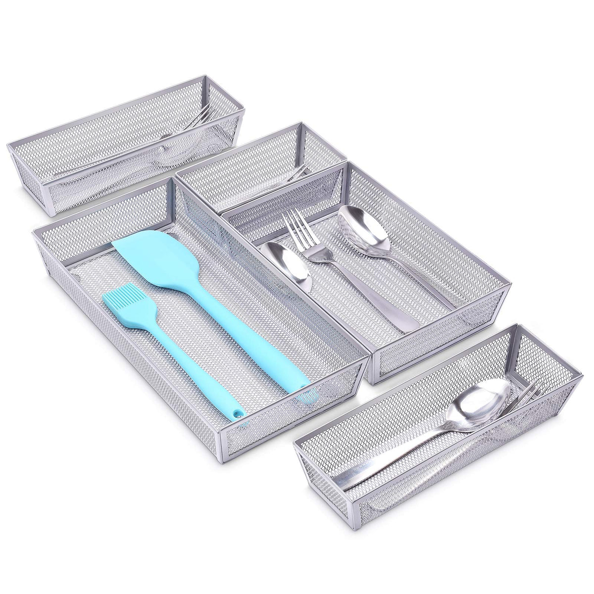 WuGeShop Mesh Silverware Tray Drawer Organizer, Kitchen Utensils Flatware with Anti-slip Mats, Silverware Storage Cutlery Tray for Knives Fork Spoon (5 Separate Compartments, Silver)