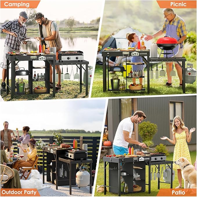 Leteuke Grill Table for Blackstone Griddle, Portable Foldable Grill Table with Storage Fits Ninja, Blackstone Griddle Stand for Outdoor Camping, Picnic, Garden, Patio, Dining, BBQ, Party