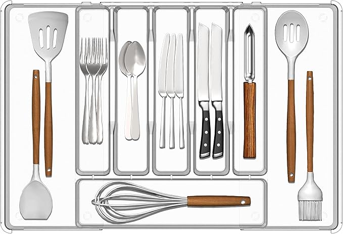 Silverware Drawer Organizer, Expandable Utensil Tray for Kitchen Drawers,BPA Free Flatware and Cutlery Holder,Adjustable Plastic Storage for Utensil like Spoons, Forks, Knives.Clear