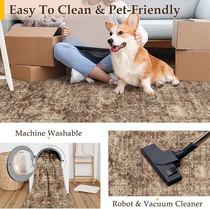 8x10 Washable Area Rug for Living Room Bedroom Rust Vintage Distressed Rustic Large Carpet Non-Slip Low Pile Lightweight Vacuumable Soft Throw Rug for Indoor Dining Room